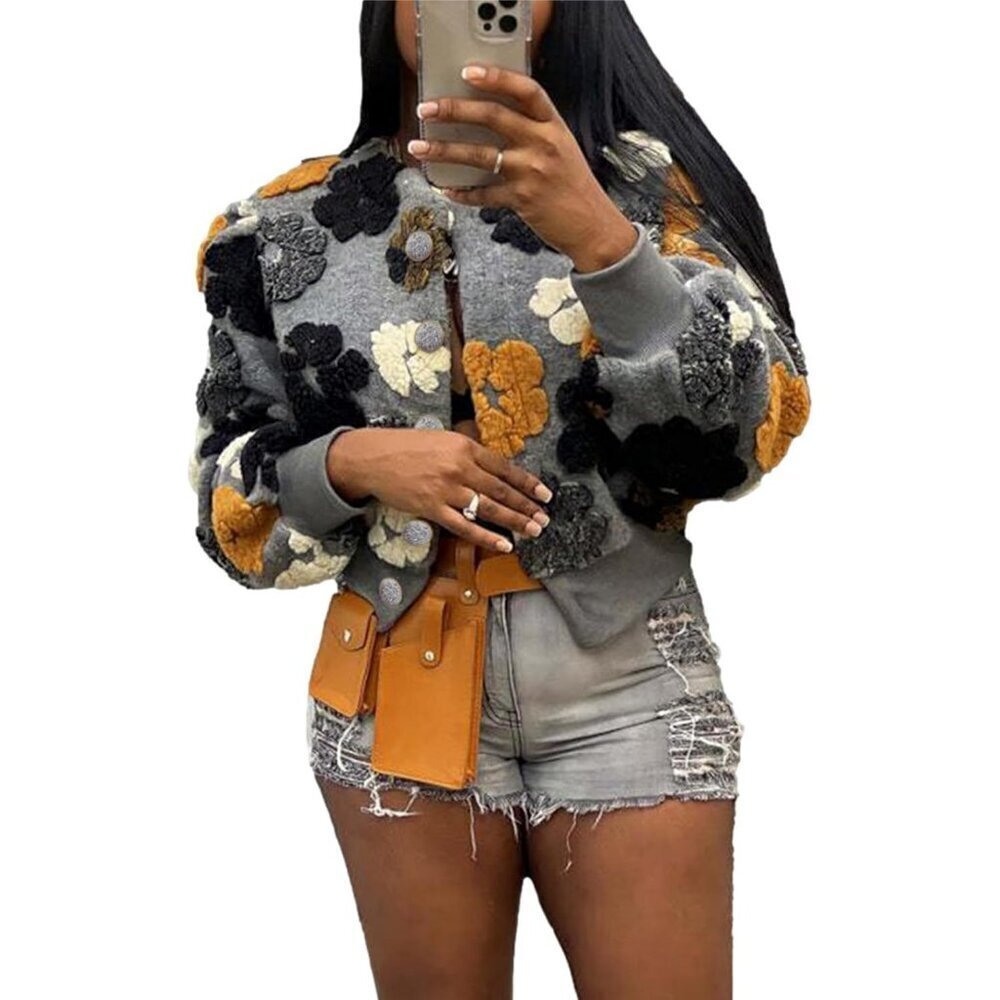 Women's Cropped Floral Print Jacket Long Sleeve Fleece Warm Bomber Jacket Grey